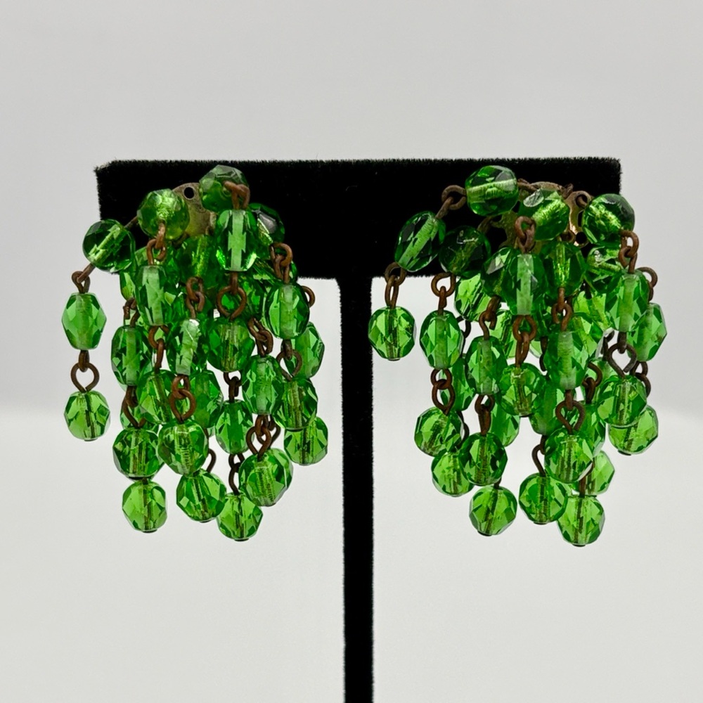 Vintage Green Uranium Glass Faceted Bead Cascade Clip-On Earrings